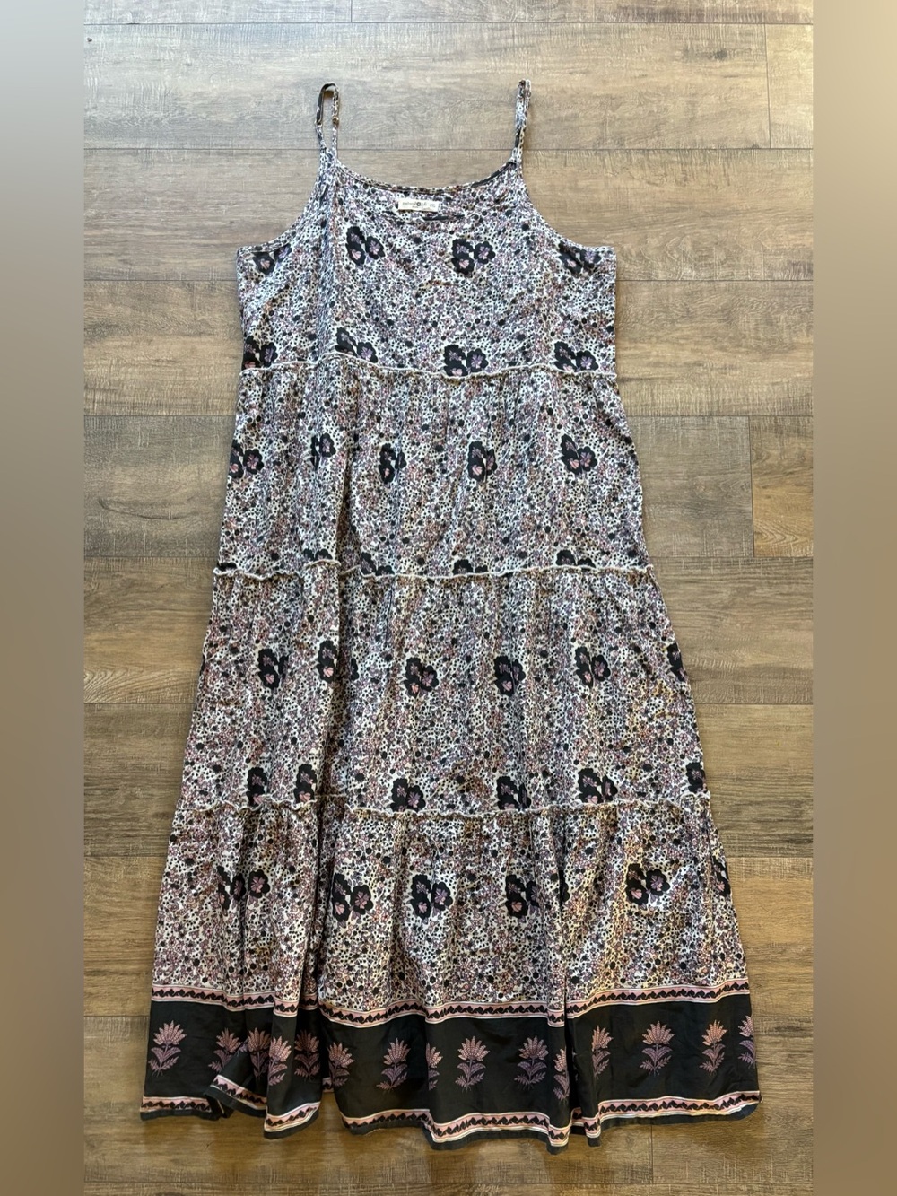NATURAL LIFE women’s size L/XL 100% cotton Black Pink Floral Tiered Maxi Dress